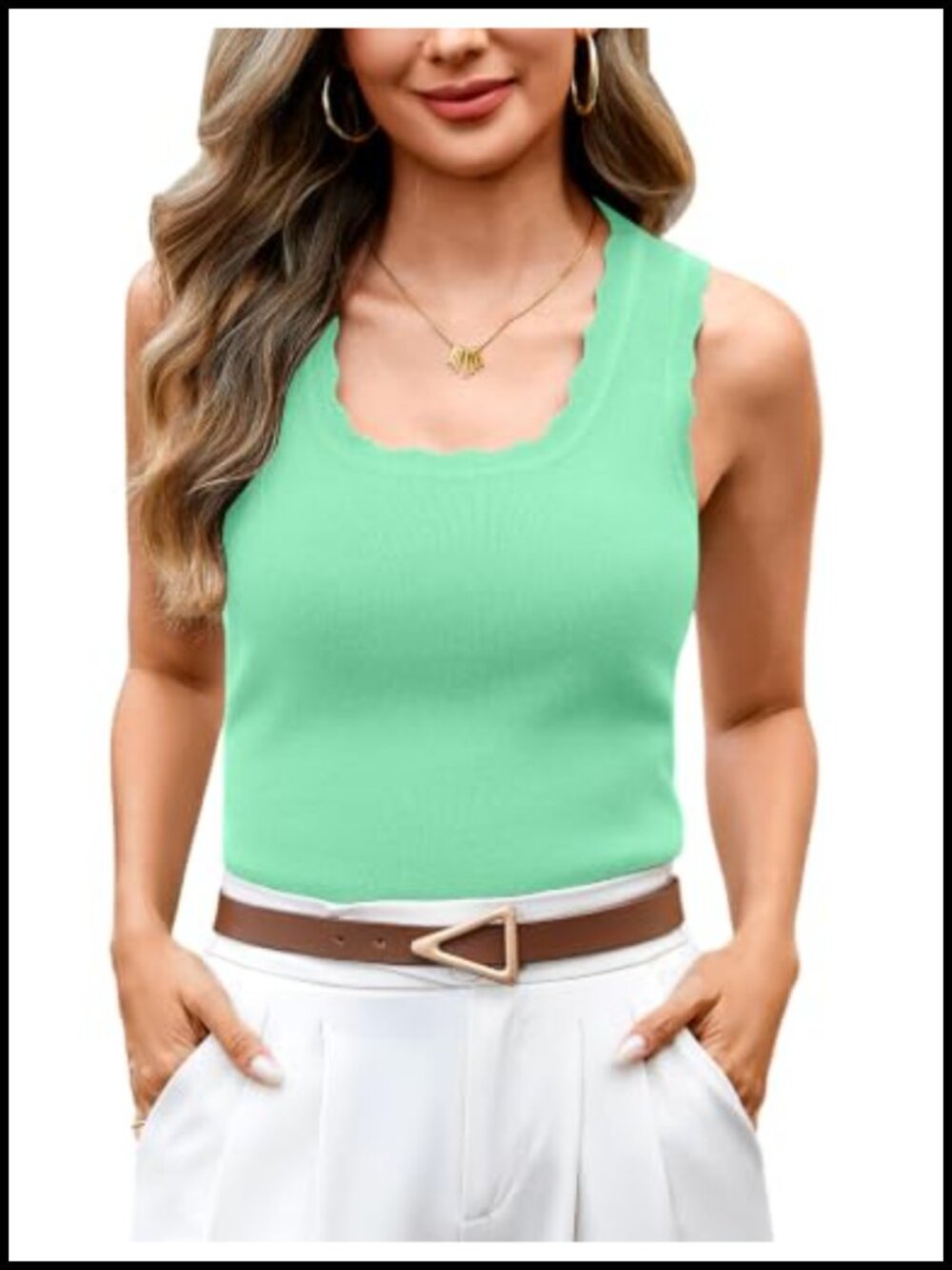 Scalloped Tank Top Square Neck Knit Sleeveless Sweater Vest
